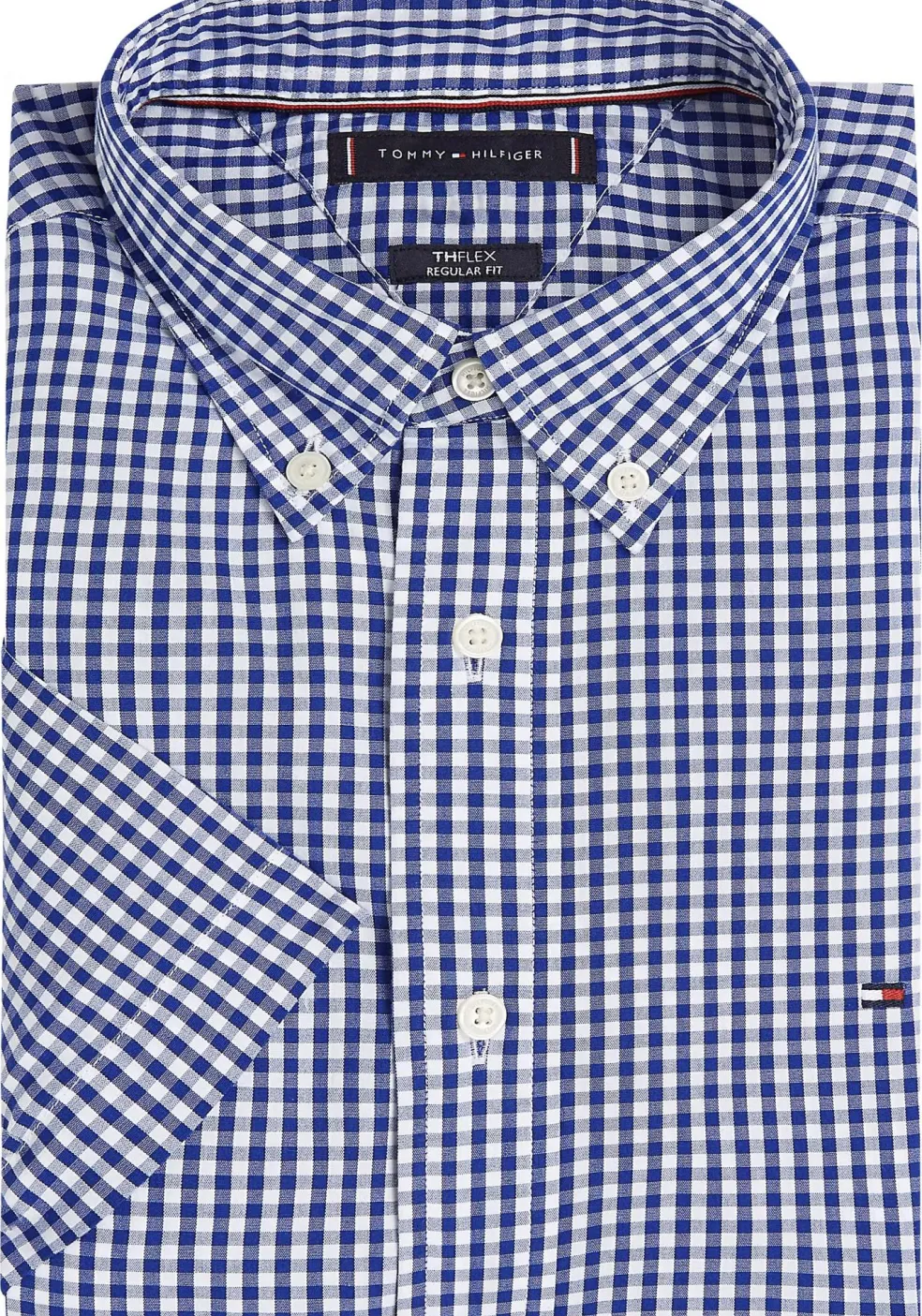 Tommy Hilfiger Flex Poplin Regular Fit Shirt, korte mouw, popeline, blauw met wit geruit