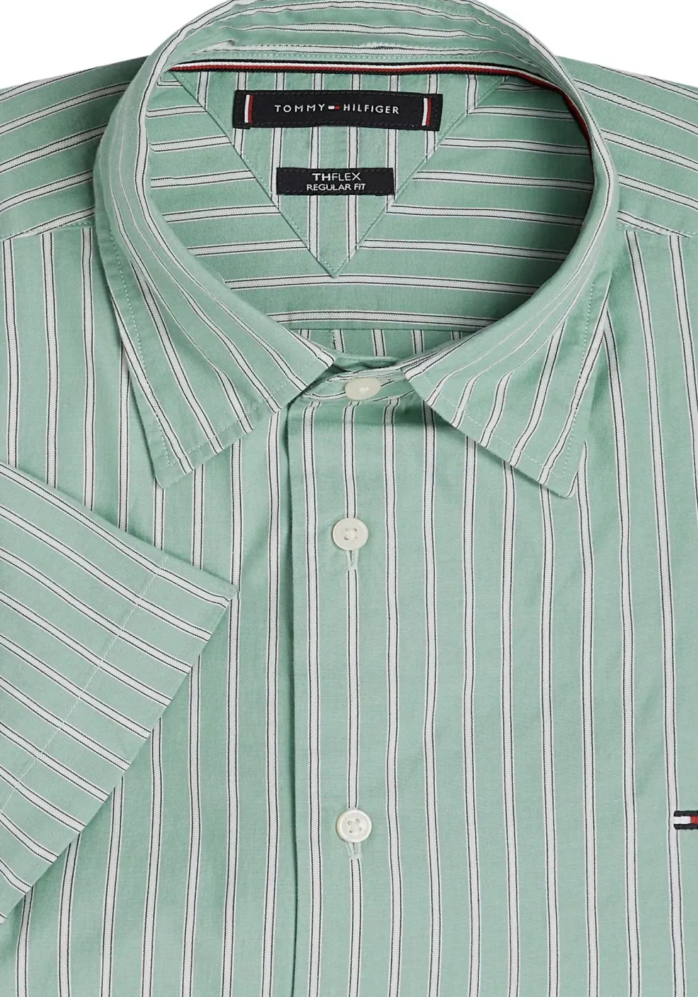 Tommy Hilfiger Flex Poplin Regular Fit Shirt, korte mouw, popeline, groen met wit gestreept