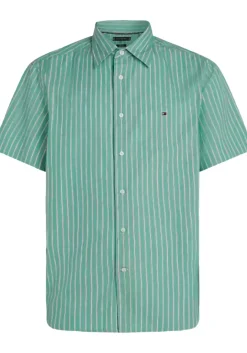 Tommy Hilfiger Flex Poplin Regular Fit Shirt, korte mouw, popeline, groen met wit gestreept