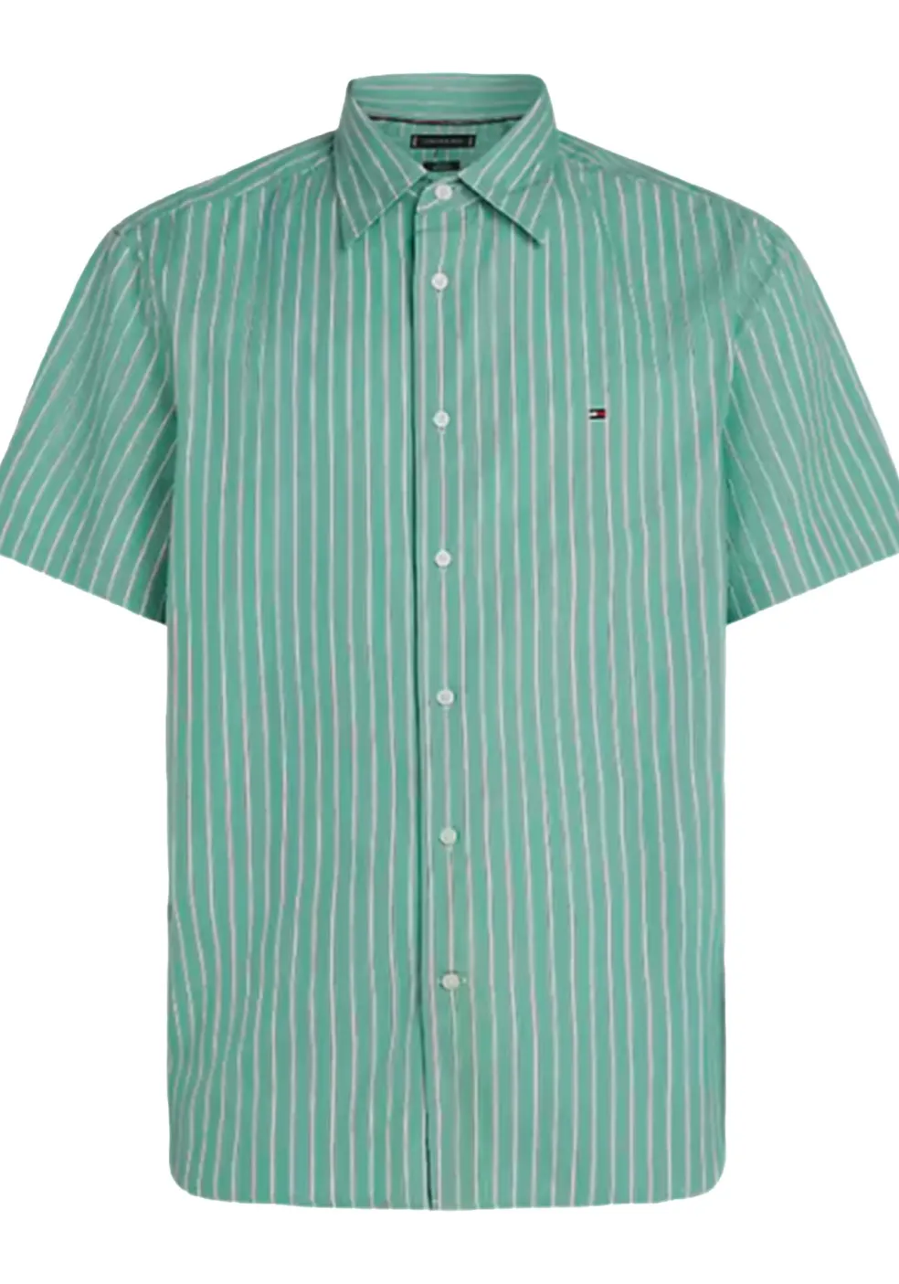 Tommy Hilfiger Flex Poplin Regular Fit Shirt, korte mouw, popeline, groen met wit gestreept