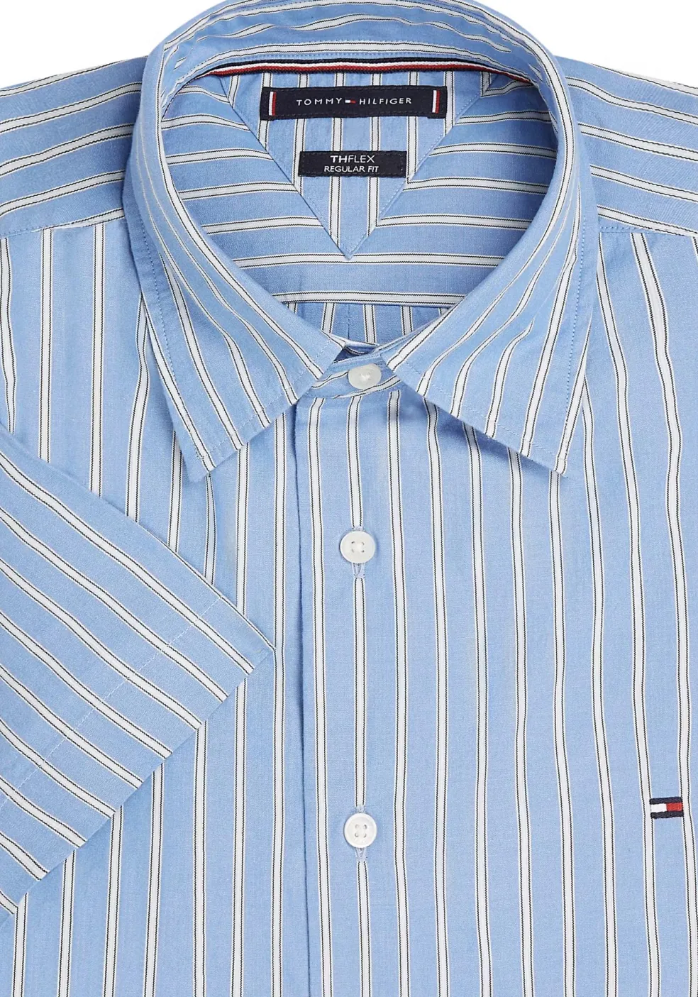Tommy Hilfiger Flex Poplin Regular Fit Shirt, korte mouw, popeline, middenblauw gestreept