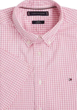 Tommy Hilfiger Flex Poplin Regular Fit Shirt, korte mouw, popeline, roze met wit geruit