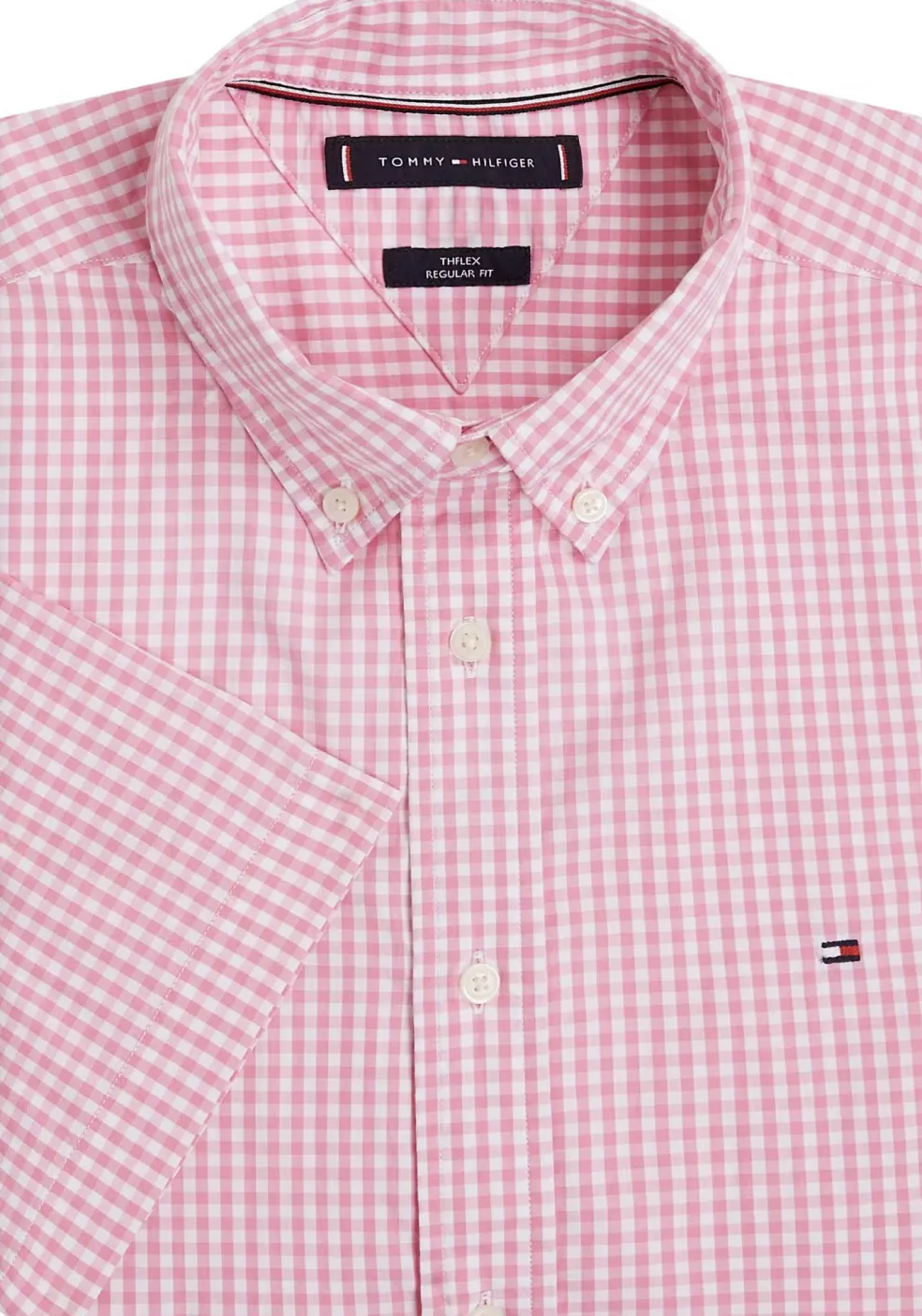 Tommy Hilfiger Flex Poplin Regular Fit Shirt, korte mouw, popeline, roze met wit geruit
