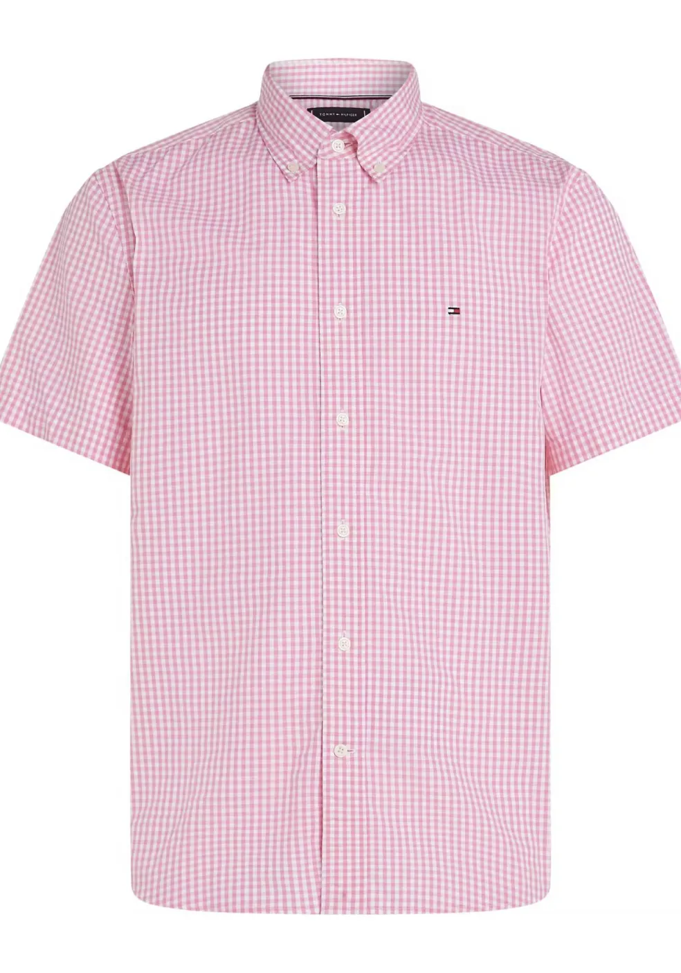 Tommy Hilfiger Flex Poplin Regular Fit Shirt, korte mouw, popeline, roze met wit geruit
