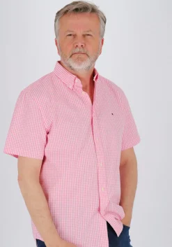 Tommy Hilfiger Flex Poplin Regular Fit Shirt, korte mouw, popeline, roze met wit geruit