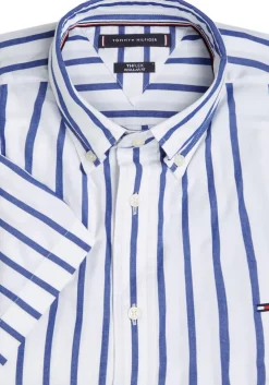 Tommy Hilfiger Flex Poplin Regular Fit Shirt, korte mouw, popeline, wit met blauw gestreept