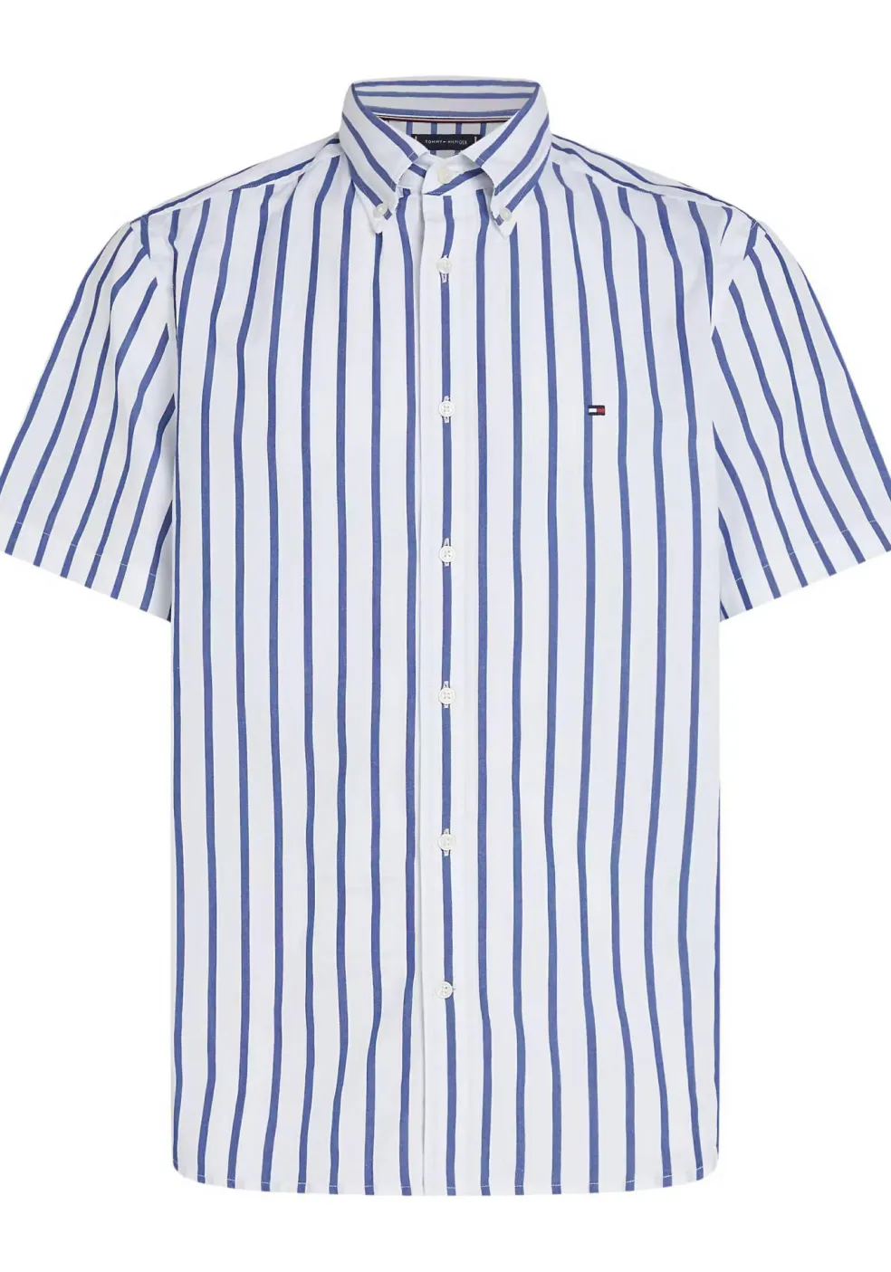 Tommy Hilfiger Flex Poplin Regular Fit Shirt, korte mouw, popeline, wit met blauw gestreept