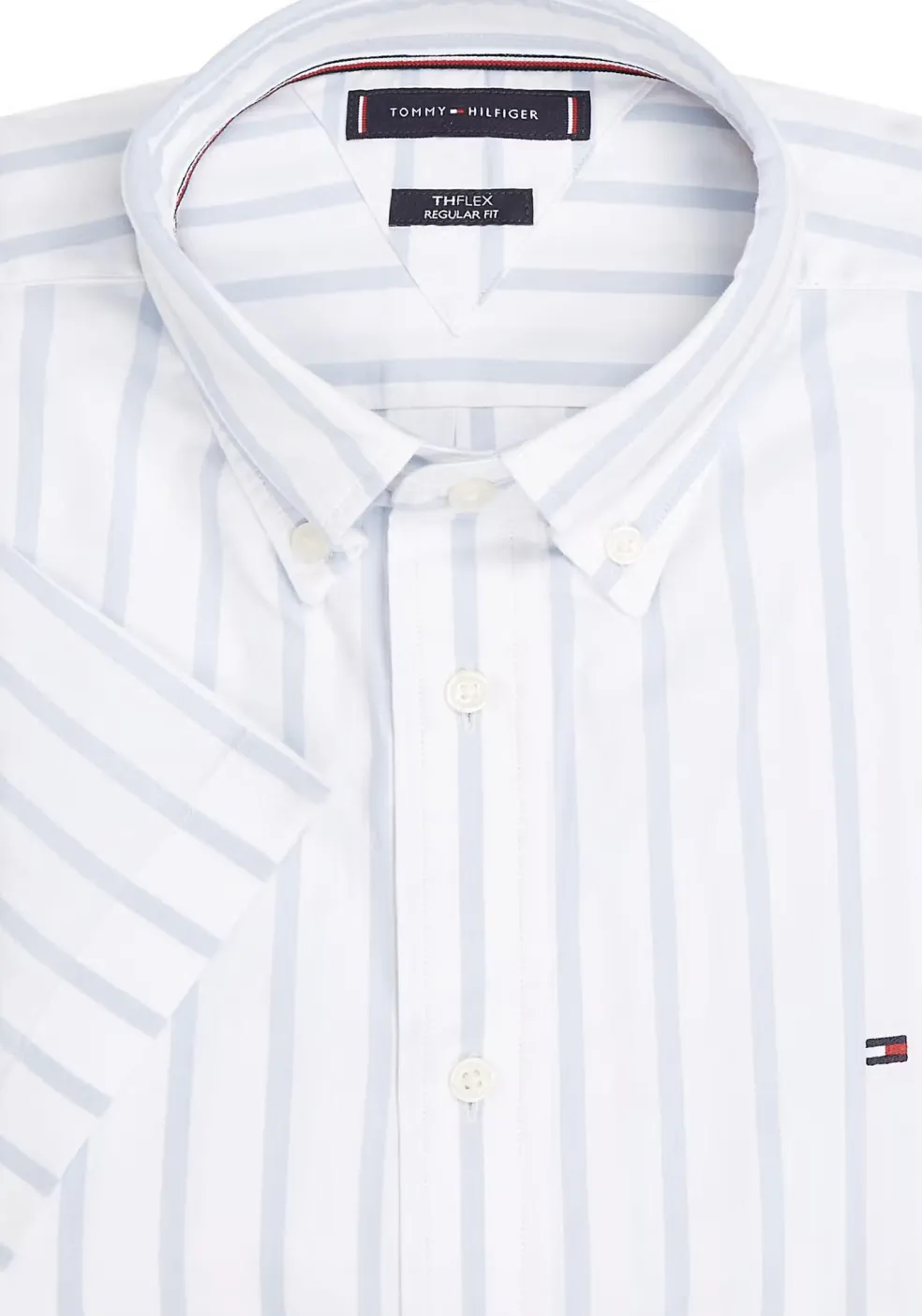 Tommy Hilfiger Flex Poplin Regular Fit Shirt, korte mouw, popeline, wit met lichtblauw gestreept