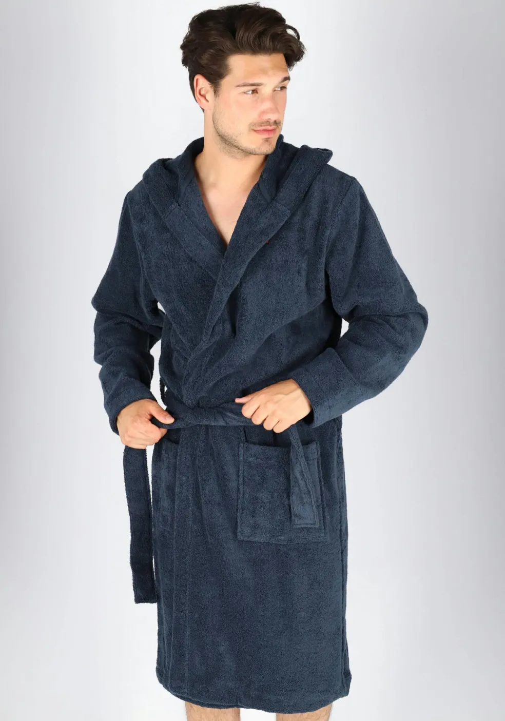 Tommy Hilfiger heren badjas, dik badstof met capuchon, blauw