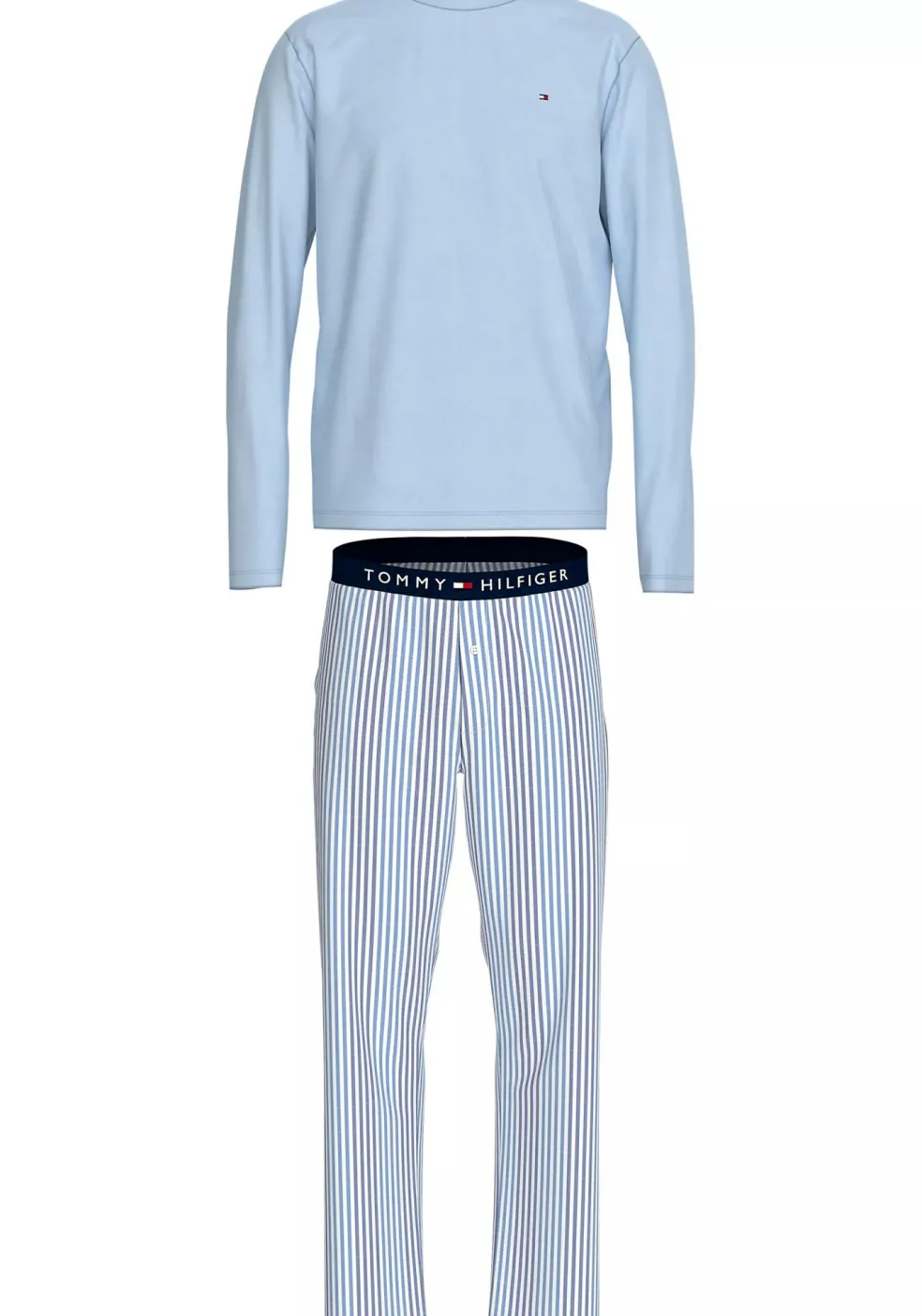 Tommy Hilfiger heren pyjama O-hals, lichtblauw shirt met blauw met wit gestreepte broek