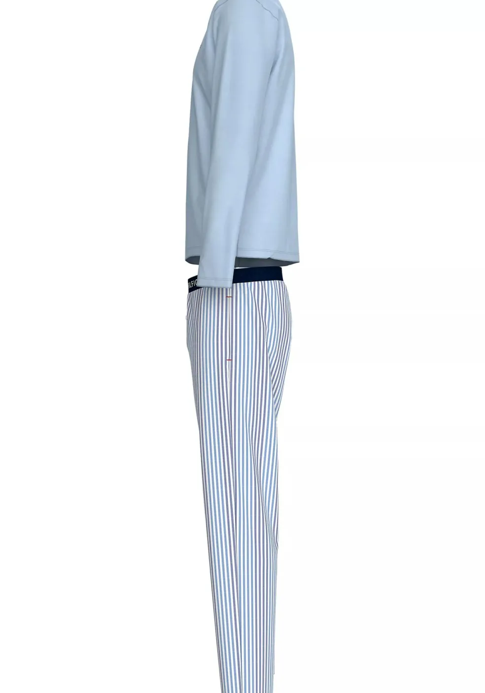 Tommy Hilfiger heren pyjama O-hals, lichtblauw shirt met blauw met wit gestreepte broek