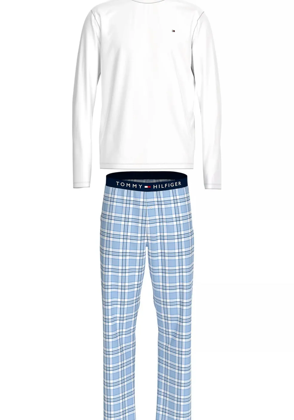 Tommy Hilfiger heren pyjama O-hals, wit shirt met blauw met wit geruite broek