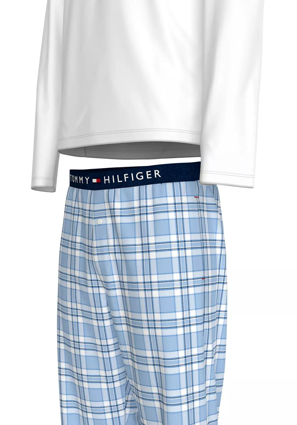 Tommy Hilfiger heren pyjama O-hals, wit shirt met blauw met wit geruite broek