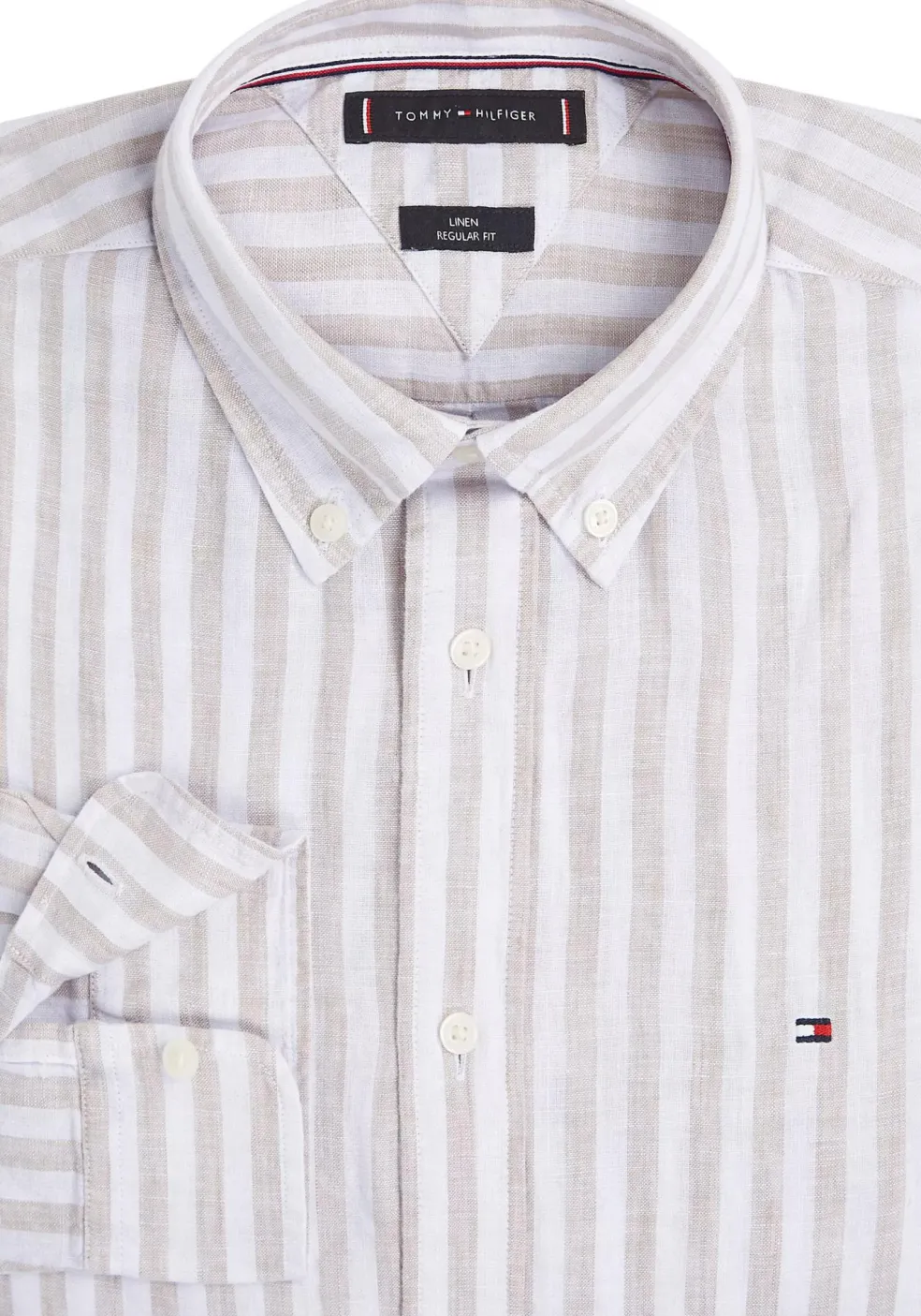 Tommy Hilfiger Linen Essential Regular Fit Shirt, structuur, beige met wit gestreept