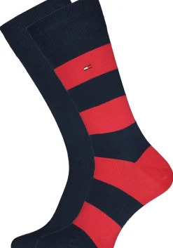 Tommy Hilfiger Rugby Stripe Socks (2-pack), herensokken katoen gestreept en uni, blauw met rood