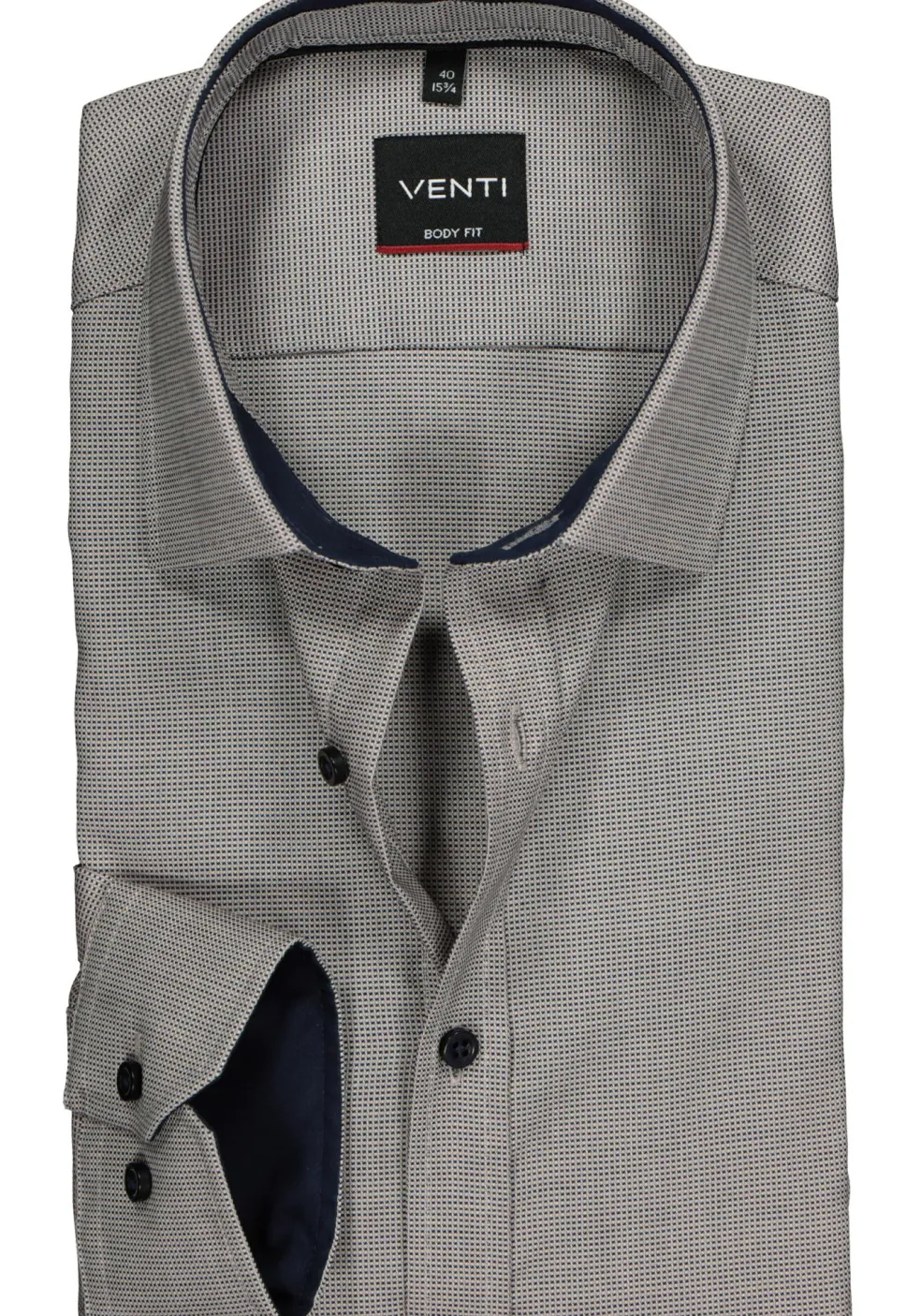 VENTI body fit overhemd, donkerblauw met wit en beige structuur (contrast)
