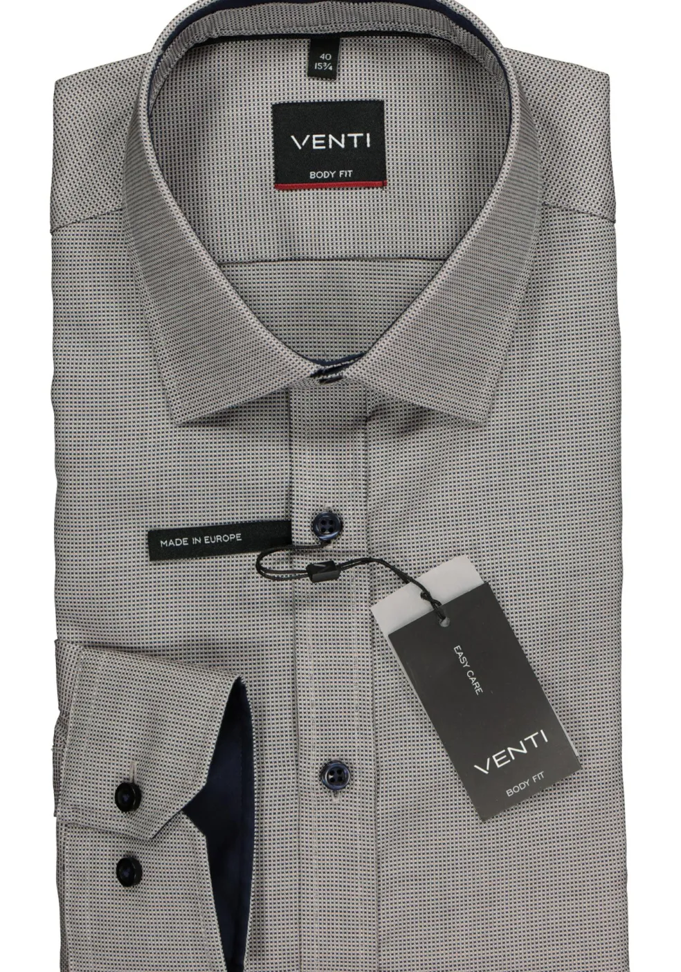 VENTI body fit overhemd, donkerblauw met wit en beige structuur (contrast)