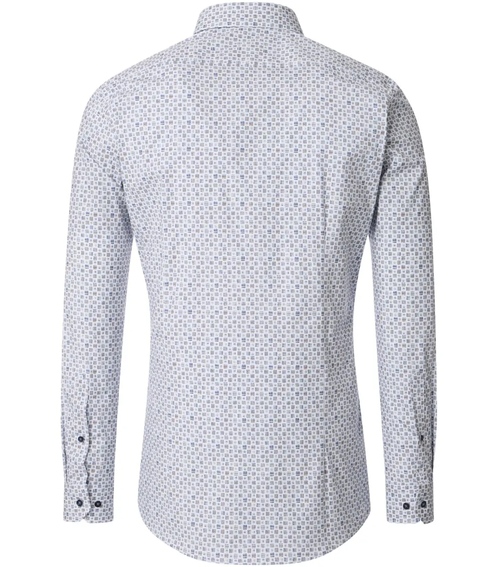 VENTI body fit overhemd, popeline, wit met blauw en beige dessin