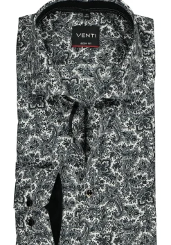 VENTI body fit overhemd, zwart met grijs en wit paisley dessin (contrast)