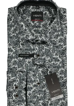 VENTI body fit overhemd, zwart met grijs en wit paisley dessin (contrast)