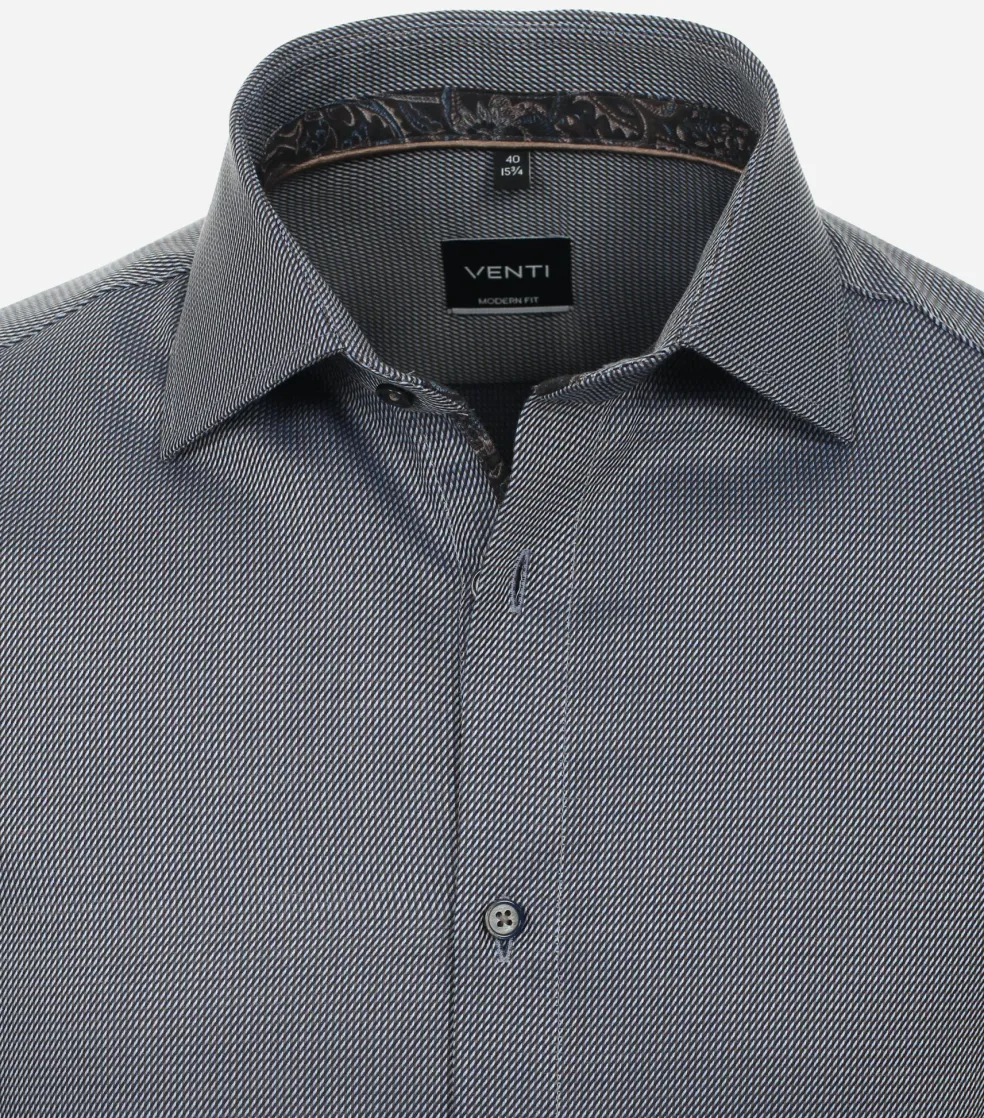 VENTI modern fit overhemd, dobby, blauw met bruin en wit mini dessin