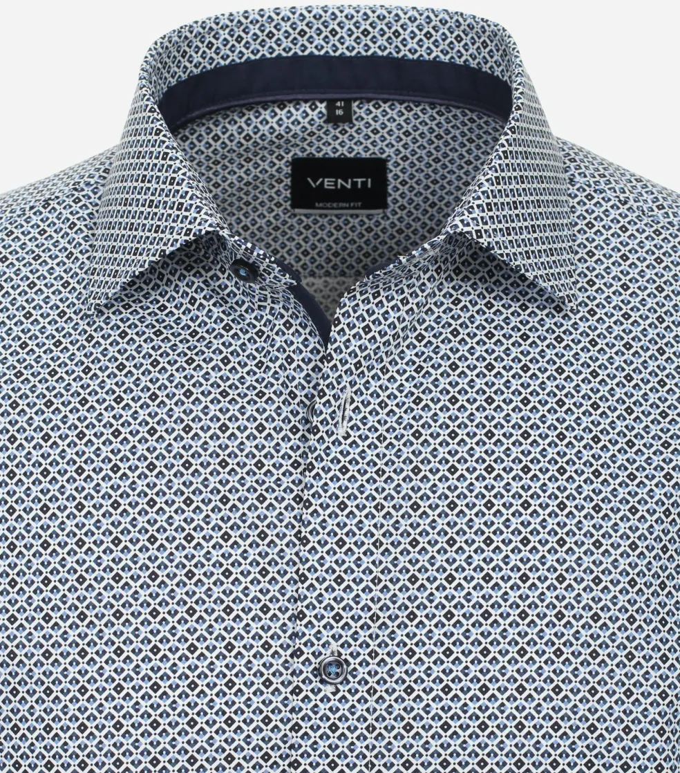 VENTI modern fit overhemd, korte mouw, popeline, blauw met wit dessin
